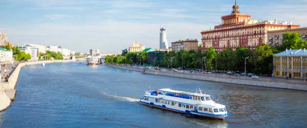 Moscow river with cruise boat in Moscow, Russia