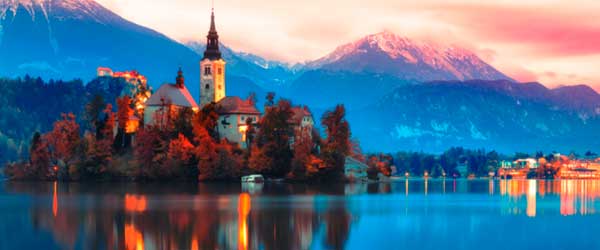 Night scene of Bled lake in Slovenia